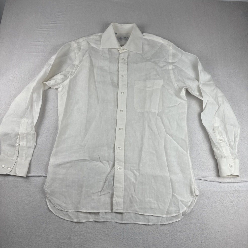 Ben Silver Mens White 100% Linen Button Down Dress Shirt 15.5-34 lightweight